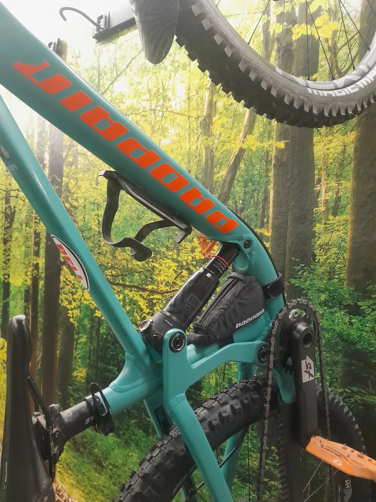 Rahmen eines Propain-Mountainbikes vor einem Waldmotiv